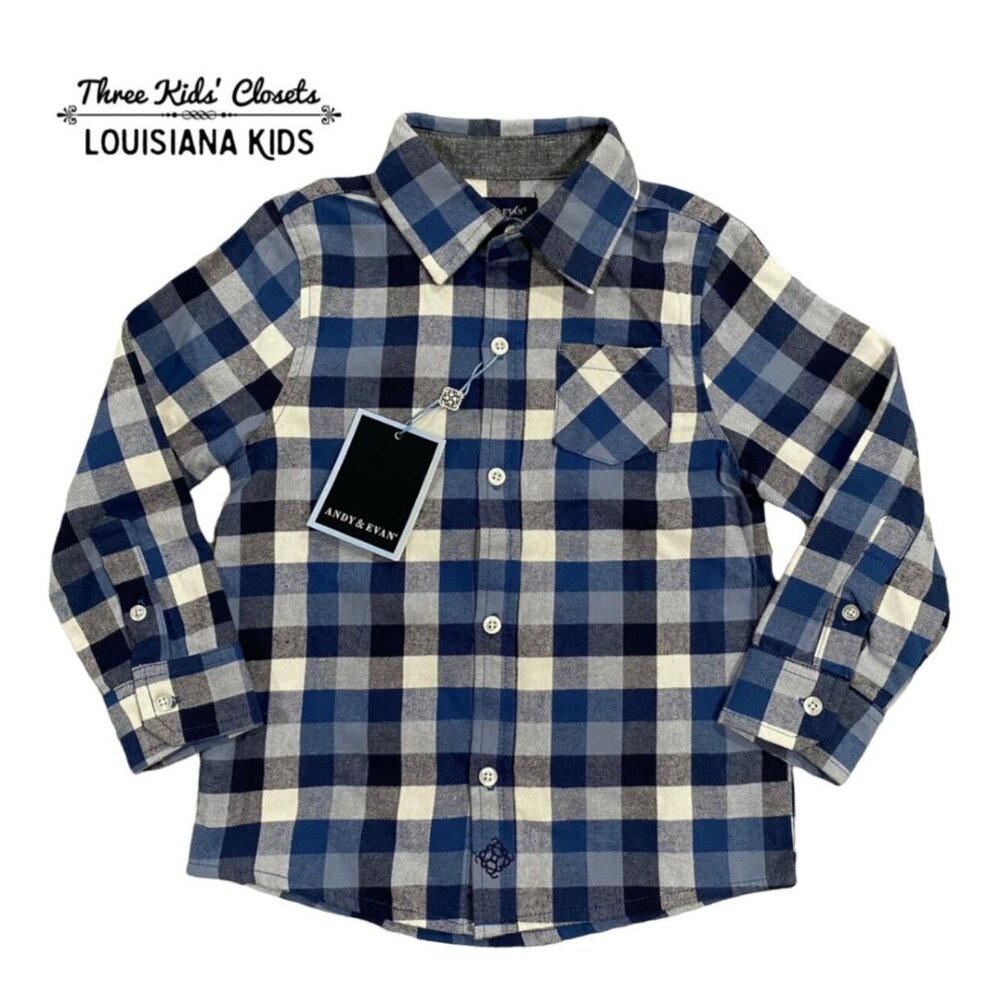 NEW Andy & Evan 4T Blue Flannel Plaid Button Down Shirt